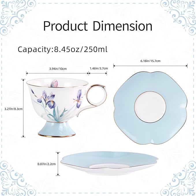 KAMMAK Ceramic Tea Cup and Saucer Set with Gold Trim, Purple & Blue Saucers, Iris Flower & Butterfly Pattern, 250ml Elegant Bone China Coffee Cup for Afternoon Tea, Gift for Women