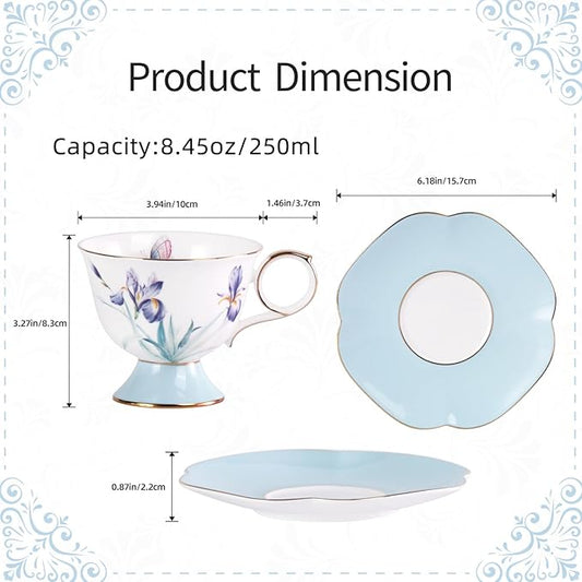 KAMMAK Ceramic Tea Cup and Saucer Set with Gold Trim, Purple & Blue Saucers, Iris Flower & Butterfly Pattern, 250ml Elegant Bone China Coffee Cup for Afternoon Tea, Gift for Women