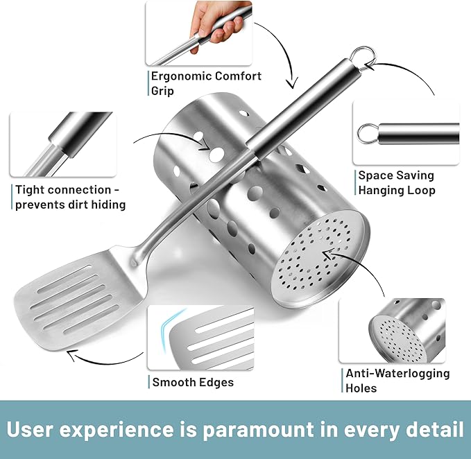 Pleafind Stainless Steel Cooking Utensils Set, 9 Pcs Heat Resistant Kitchen Utensils Set, Nonstick Kitchen Tools Set With Utensil Holder, Metal Spatula Set for Chef, Dishwasher Safe