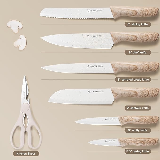 Astercook Knife Set, 13 Pieces Kitchen Knives Set with Ceramic Coating, Stainless Steel Chef Knife Sets with 6 Blade Guards, Dishwasher Safe Sashimi Knives For Fish with Wooden Handle, White
