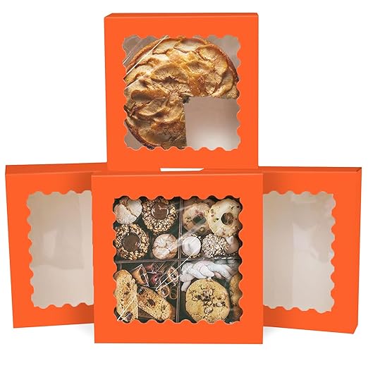 qiqee Auto-pop Up Orange Pie Boxes with Window 10x10x2.5 inch 30Packs Cookie Donut Bakery Box