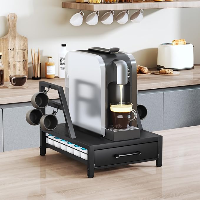 K Cup Holder Drawer - K Cup Storage Organizer, Coffee Pod Drawer with Hooks, Durable Iron-Wood Design, Space-Saving Coffee Station Organizer for Kitchen Counter