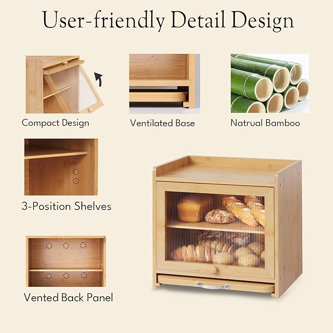 Bamboo Bread Box for Kitchen Countertop, Double Layer Kitchen Counter Organizers and Storage for Fruits, Tea, Spices, Coffee, Vintage Bread Bin Container with Cutting Board, Natural