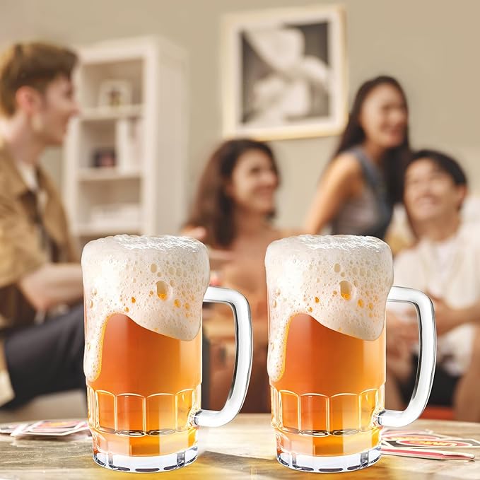 20 OZ Beer Stein Mugs, German Clear Large Tall Beer Glasses With Handle for Men, Vertical Bar Mug Set of 2