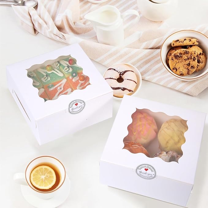 36 pcs 6x6x3 Inches Small Cake Box with Window, Bakery Pastry Cookie Boxes, Mini Pie for Pastry,Dessert,Strawberries,Chocolates, Cupcakes with paper stickers (white)