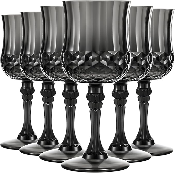 Pinkunn 6 Pcs 7 OZ Plastic Vintage Wine Glasses Reusable Colored Goblets Patterned Drinking Water Glasses Cup Dishwasher Safe for Halloween Wedding Reception Party Supplies (Black)