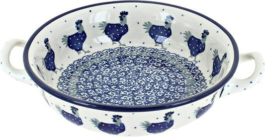 Blue Rose Polish Pottery - Blue Barnyard Rooster Mini Casserole with Handles - 6.75" Diameter - Unique, Dishwasher Safe, & Durable Bakeware