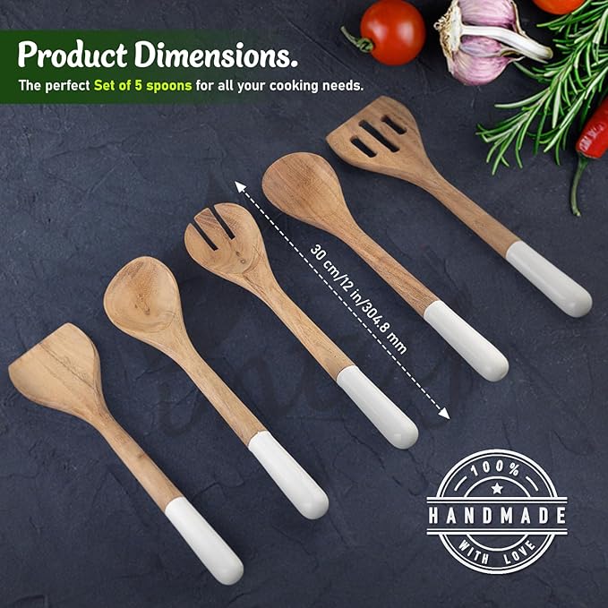 INTAJ Wood Kitchen Utensil Set – Handmade Wooden Spoons & Spatula for Cooking and Serving 5-Piece Acacia – Durable, Smooth Surface & Gentle on Cookware – Easy to Clean Kitchen Tools
