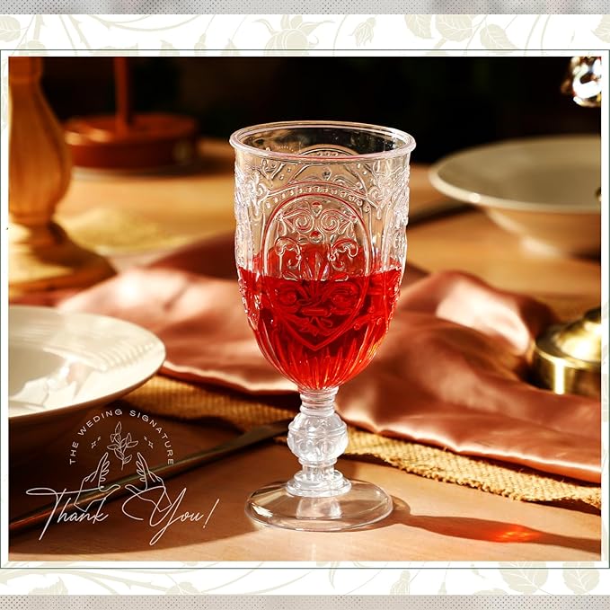 18 Pack Plastic Goblets 10oz Upgrade Vintage Water Goblet Plastic Wine Glasses Colored Retro Embossed Glassware for Party Wine Bar Juice Baby Shower Wedding Reception Grand (Clear)