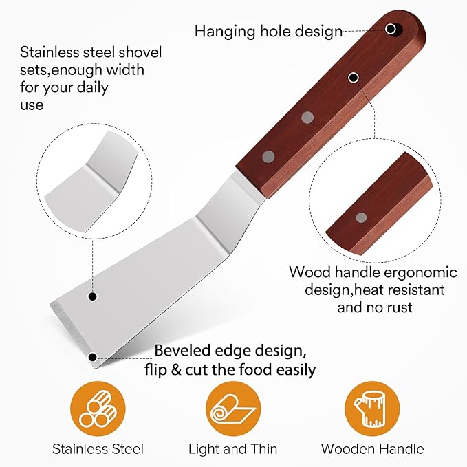 Small Metal Spatula Set for Cast Iron Skillet,Mini Wooden Spatulas for Kitchen Use,Thin Beveled Edge Stainless Steel Cookie Brownie Spatula Turner Server for Cake Egg Serving Cutting Flipping,2 Pcs