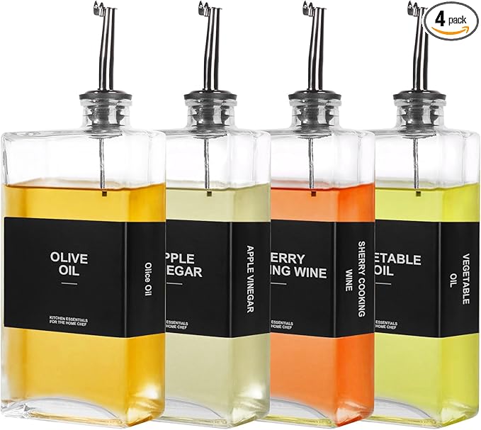 OKYUK Olive Oil Dispenser Bottle for Kitchen Cooking, 16.9oz/500ml Soy Sauce Coffee Syrup Oil and Vinegar Dispenser Set, with Silicone Funnel, Labels (4PCS, Black)