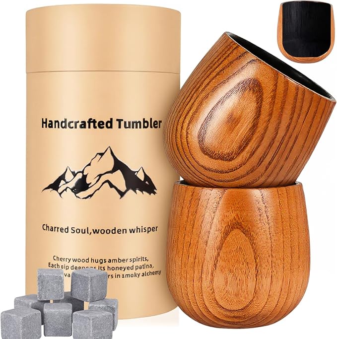 Veelgeluk Charred Whiskey Glass Wooden Bourbon Glass Handcrafted 10oz Whiskey Tumbler Old Fashioned Glass Great Whiskey Gifts For Men Husband Dad Brother Birthday Christmas Father's Day Retirement