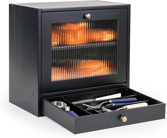 Sunhoo Bread Box for Kitchen Countertop Bin 2 Layer Wooden Bread Storage Breadbox Holder Large Capacity Container Bread Organizer Farmhouse Keeper Shelf with Drawer Acrylic Window (Black