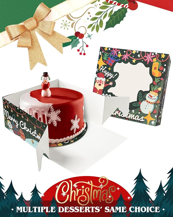 qiqee Christmas 12x12x6 Cake Box, 4Sets Christmas Cake Box with Window ＆ 4Sets 12 Inch Christmas Snow Man Cake Round Boards, 12inch Cake Containers