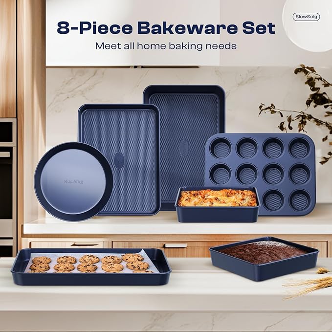 Baking Pans Set 8-Piece Bakeware Sets, Baking Sets for Cooking Nonstick Oven Pan Set, Baking Sheet Set, Cookie Sheets for Baking, Muffin Pan, Ceramic Coated Blue