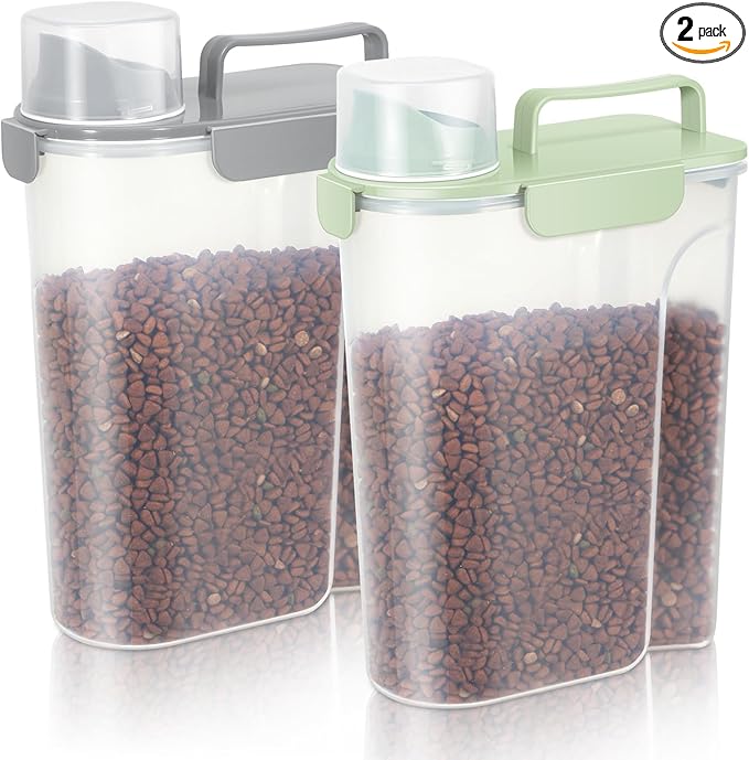 5-7Lbs Dog Cat Food Storage Container with Upgraded Large Nozzle BPA-free, 4 Snap Seals Plastic Pet Food Storage Containers with Handles (2, Light Green+Light Gray, 5L)