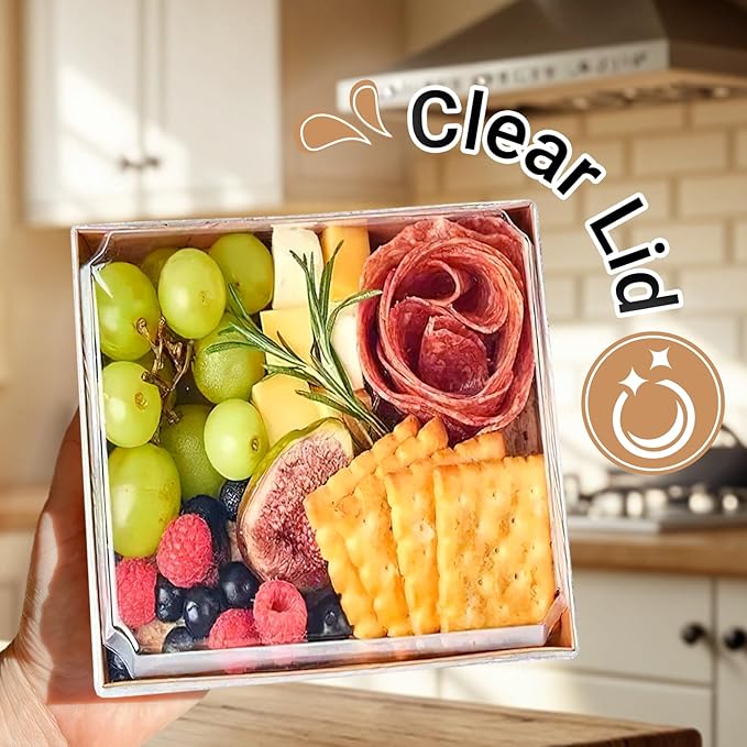 20 Pack Charcuterie Boxes with Clear Lids, 7 Inches Brown Large Square To Go Paper Bakery Dessert Treat Boxes, Disposable Food Containers for Sandwich Cookie Brownie Slice Cake Strawberry Snack