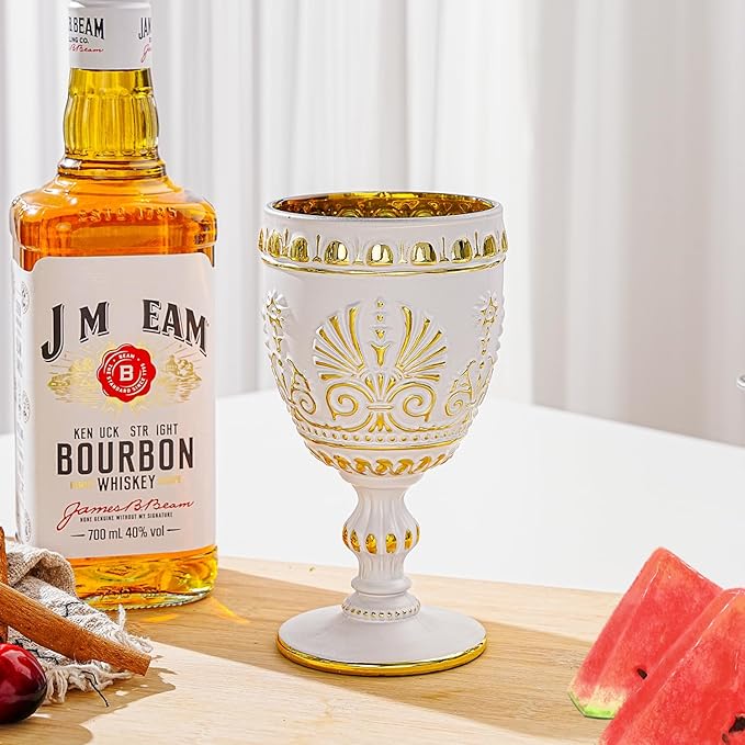 Sungmor Vintage White and Gold Wine Goblets - Set of 2 Embossed Glasses, 10 oz Decorative Drinking Glassware for Wine, Water or Cocktails - Baroque Stemware for Entertaining or Gifting