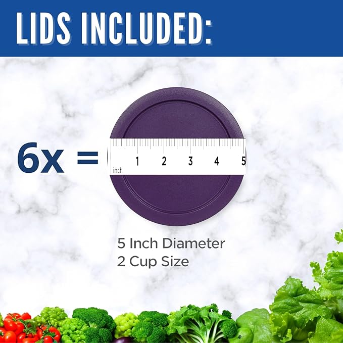 Replacement Lids for Pyrex 2-Cup Glass Food Storage Container Bowls, 5-Inch Plastic Round Lids Covers fits Pyrex 7200-PC, Airtight & Leakproof (6-Pack, Purple)