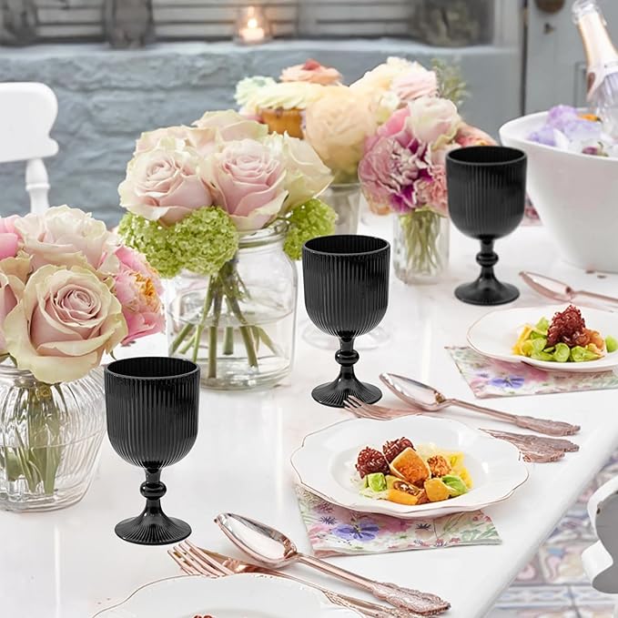 Black Vintage Wine Glasses Set of 6, 11 Ounces Colored Glass Water Goblets, Unique Embossed Pattern High Clear Stemmed Glassware Wedding Party Bar Glass Drinking Cups Fancy Glasses Hand Wash Only