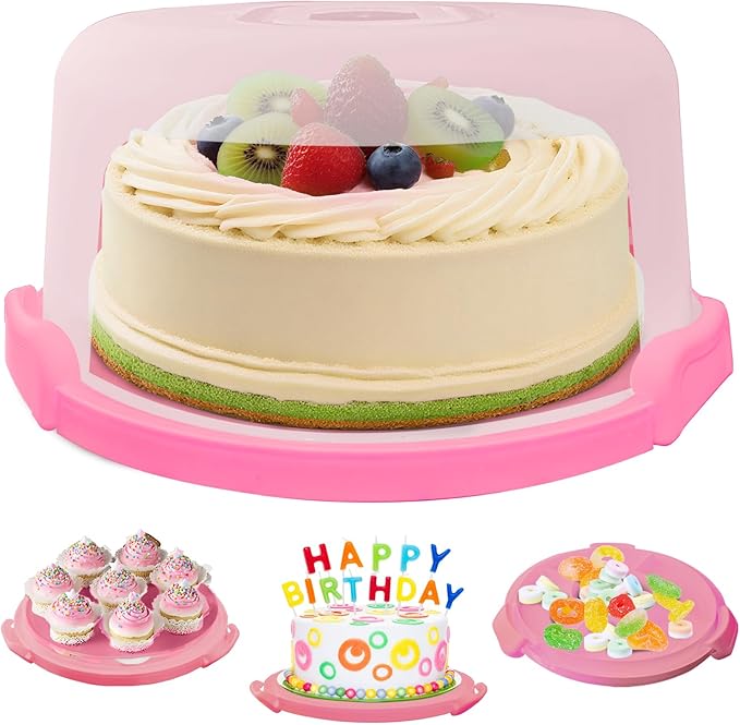 Pink Plastic Cake Carrier with Lid and Handle, Multipurpose Cupcake Holder Stand Serving Platter for 10'' Cake, Round Portable Dessert Storage Container Box with Cover for Pie Pizza Fruit Snack