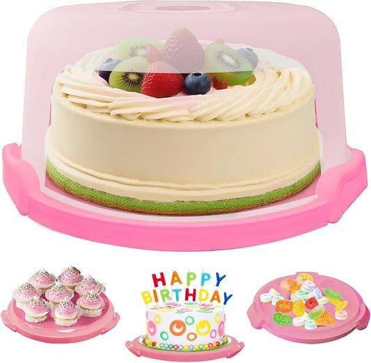 Pink Plastic Cake Carrier with Lid and Handle, Multipurpose Cupcake Holder Stand Serving Platter for 10'' Cake, Round Portable Dessert Storage Container Box with Cover for Pie Pizza Fruit Snack
