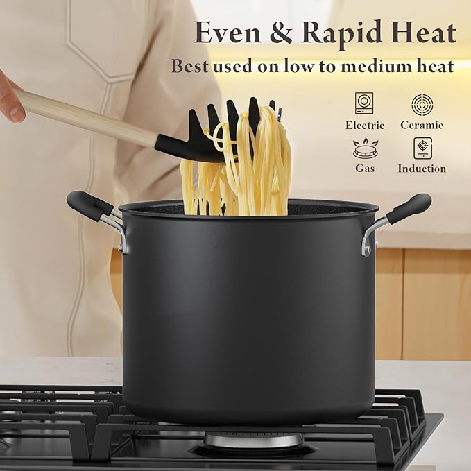 18 Pcs Pots and Pans Set Non Stick with 12-Quart Stock Pot, Nonstick Kitchen Cookware Sets with Utensils, Large Capacity Ceramic Cookware Set, PTFE/PFAS/PFOA Free, Black