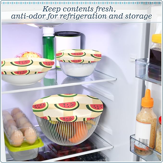 5 Pcs Bowl Covers Reusable in 5 Size Elastic Food Cover Cloth Lids Fresh Keeping Dish Cookware Bakeware Fabric Covers Lids for Food Leftovers Fruits Storage Cute Watermelon Slices Checkered