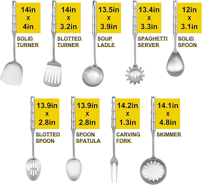18/10 Stainless Steel Kitchen Utensils Set,9pcs Metal Cooking Utensils Set Cookware for Wok Tools,14 inch Long Heavy Duty Kitchen Tools Set for Chef