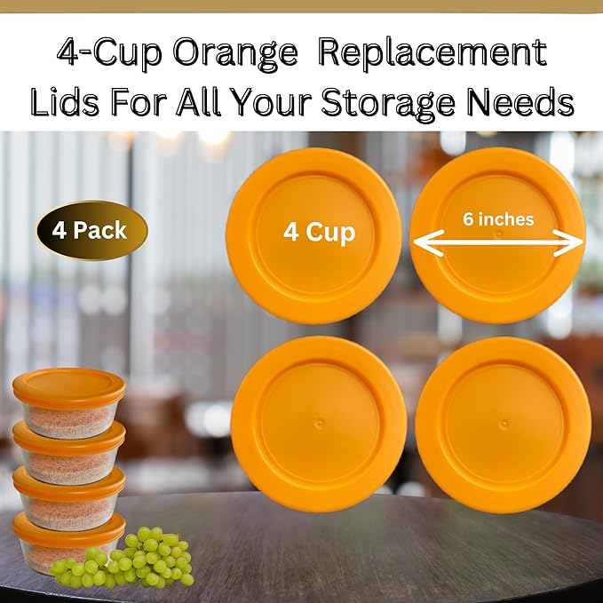 4 Cup/950 mL Orange Replacement Lids/Covers for Pyrex 7201-PC, 4 Cup/32oz Anchor Hocking & Klare Ware Storage Bowls *Lids Only* - *Glass Container Not Included* (4 Pack, Orange)