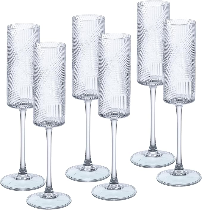 6 Pieces Clear Champagne Flutes,6 OZ Twill Pattern Striped Vintage Stem Glasses Stemware Wine Glasses Champagne Long Stem Drinking Colored Glasses Goblets for Wedding Cocktail Cups,Cava, Prosecco