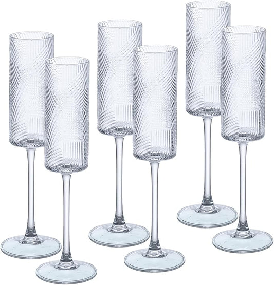 6 Pieces Clear Champagne Flutes,6 OZ Twill Pattern Striped Vintage Stem Glasses Stemware Wine Glasses Champagne Long Stem Drinking Colored Glasses Goblets for Wedding Cocktail Cups,Cava, Prosecco
