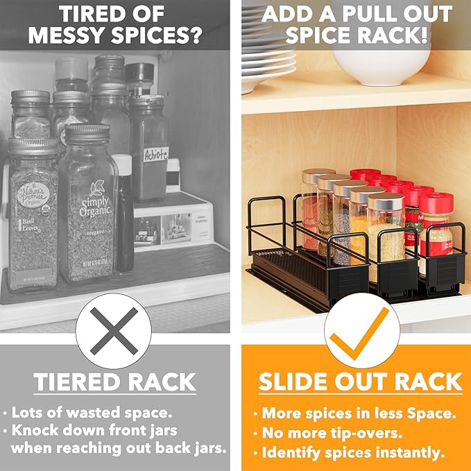 SpaceAid Pull Out Spice Rack Organizer for Cabinet, Heavy Duty Slide Out Seasoning Kitchen Organizer, Cabinet Organizer, with Labels, 7.7" W x10.75 D x4 H, 3 Drawers 1-Tier