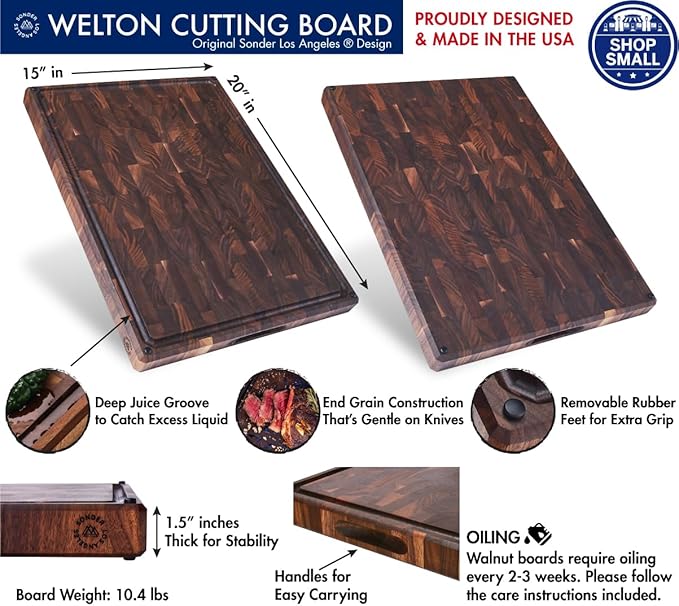 Sonder Los Angeles, Made in USA, Large Thick End Grain Walnut Wood Cutting Board with Non-Slip Feet, Juice Groove for Kitchen 20x15x1.5 in (Gift Box Included)