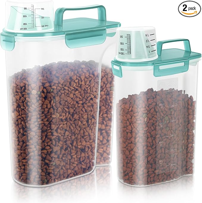 2Pack Cat Dog Food Storage Container with Upgraded Large Nozzle BPA-free, 3+5lbs Plastic Pet Food Containers with 4 Sealed Clasps/1 Measuring Cup/ Handle Easy to Clean and Carry (Clear Blue)
