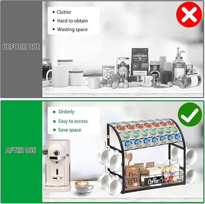K Cup Coffee Pod Holder, 2 Tier Coffee Bar Organizer with 8 Mug Hooks, 2025 New K Cup Holders for Counter, Easy Assembly, Multi-functional Coffee Station Organizer for Countertop, Home or Office,Black