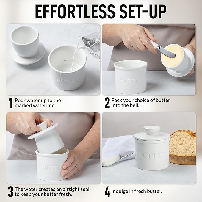 Zulay Kitchen Butter Crock With Lid & Spreader Knife for Countertop - Ceramic French Butter Dish Keeper For Fresh & Spreadable Butter - White