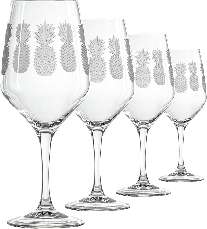 Rolf Glass Fresh Pineapple All Purpose Wine Glass | 19.5oz Stemmed Glass | Lead-Free and Diamond-Wheel Engraved | Tropical Etched Pineapple Design | Coastal Glassware | Set of 4