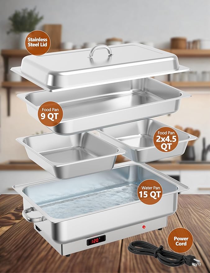 2 PACK Electric Chafing Dish Buffet Set 9QT Buffet Food Servers and Warmers Digital Display Temperature with 1 Full-size Pan & 2 Half-size Pan Stainless Steel for Parties Weddings Caterings
