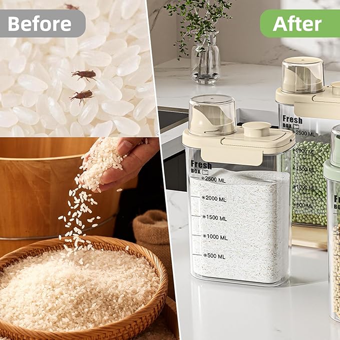 Airtight Rice Storage Container,with Pour Spout & Measuring Cup, BPA-Free - Transparent Dry Food Canister for Cereal, Flour, Pet Food, Oatmeal, Pantry Storage (Light Grass Green, 2800ml)