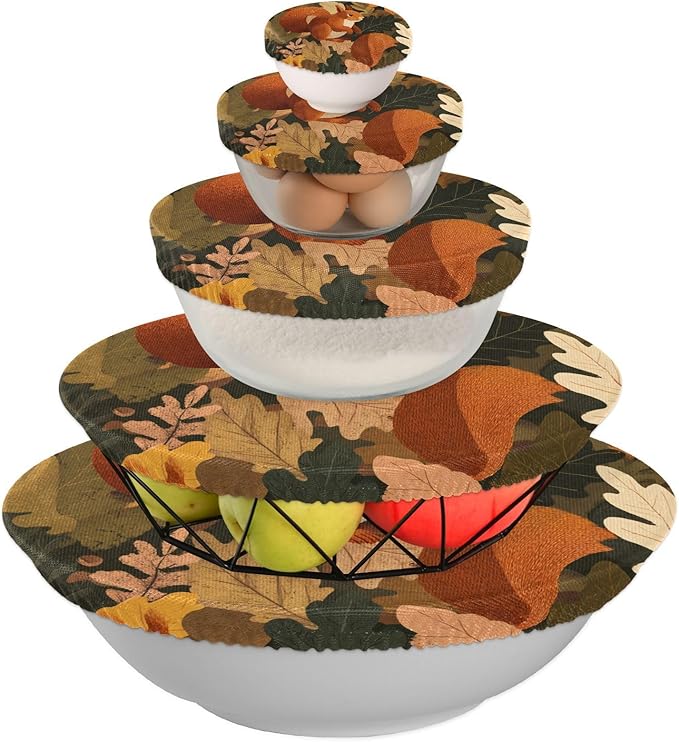 5 Pcs Bowl Covers Reusable in 5 Size Elastic Food Cover Cloth Lids Fresh Keeping Dish Cookware Bakeware Fabric Covers Lids for Food Leftovers Fruits Storage Orange Squirrel Leaves Falling