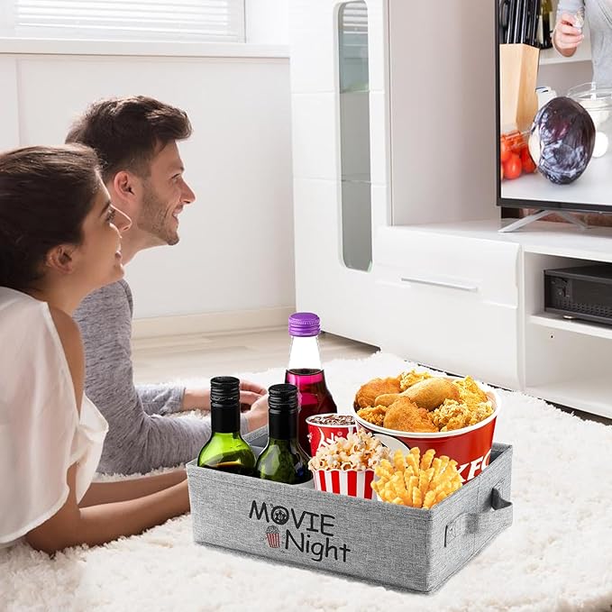 Snack Organizer for Countertop, Fabric Movie Night Snack Tray with Handles, 4 Compartment Collapsible Snack Basket, Snack Bar Station Organizer, Kitchen Pantry Organizer and Storage (Grey)