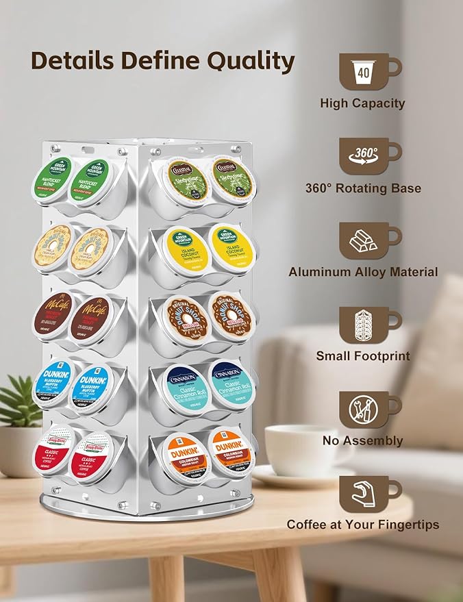 K Cup Holder, Coffee Pod Holder for Keurig – 360° Rotating Aluminum Coffee Organizer for Countertop,Saving Design with Anti-Slip Base for Kitchen or Office,Capacity of 40 Pods,Silver