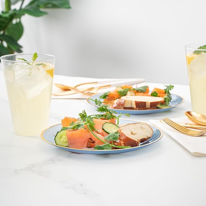 Restaurantware Plastic Plates 100 Pcs 7.25" Gold Rimmed Disposable Plates Heavy-Duty Blue Translucent Rippled Plastic Dinner Servers for Party, Weddings, Salads, Desserts, and Appetizers