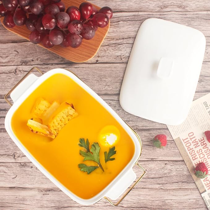 Casserole Dish with Lids 1.7 Quart Ceramic Bakeware Set with Lids and rack, 10 x 7 Lasagna Pan Deep with Lid, Rectangular Bakeware With Handle, Microwave, Dishwasher, Oven Safe, White