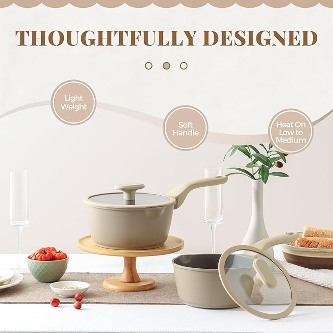 PRICUSIS Nonstick Saucepan with Lid, 2 Quart Sauce Pan, Healthy Sauce Pot with Pour Spouts for Multipurpose Use, PTFE, PFOA Free, Induction Compatible, Apricot