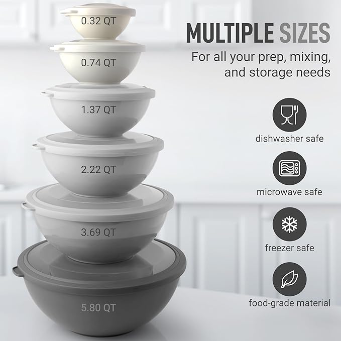 Zulay Kitchen 12 Piece Plastic Nesting Mixing Bowls with Lids - Colorful Microwave & Freezer Safe Gray Ombre Set