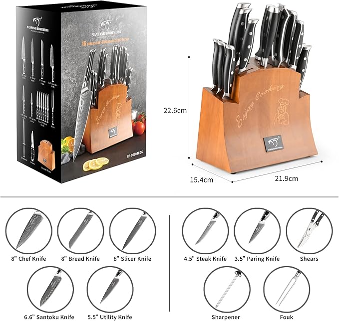 16-Piece Damascus Knife Set with Block - VG10 67-Layer Steel, Razor Sharp, Triple-Rivet Handles, 6 Steak Knives, Meat Fork, Sharpener & Scissors, Natural Wood