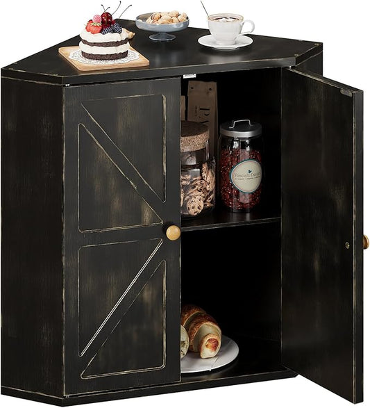 Corner Bread Box for Kitchen Counter Double Layer Bamboo Bread Storage Container Large Capacity Bread Storage Bin Farmhouse Breadbox Organizer (Antique Black)