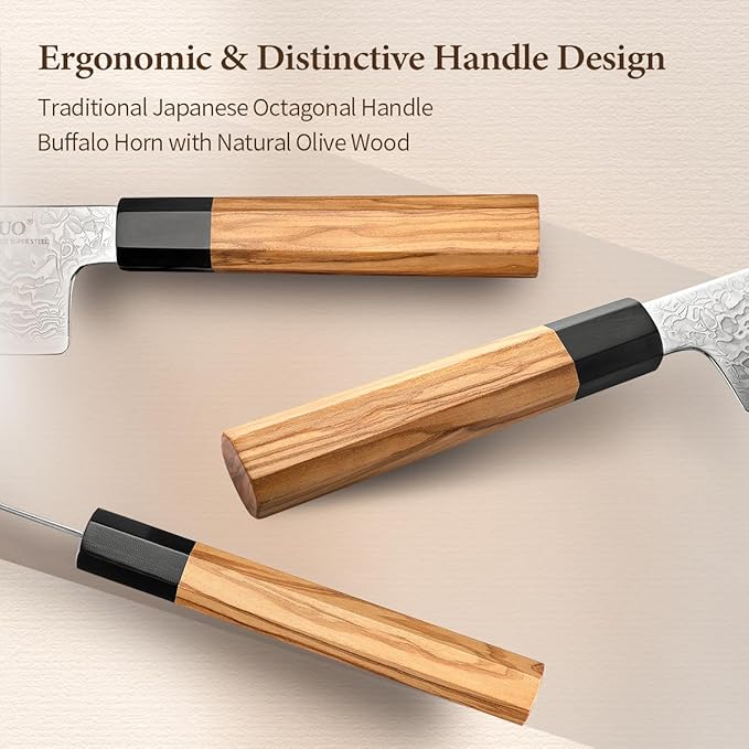 XINZUO Knife Block Set,Hand Forged 67 Layers Damascus Steel,7 Pieces Professional Chef Knife Set with Block&Kitchen Shear&Block, Razor Sharp, Olive Wood Octagonal Handle,Exquisite Box Package